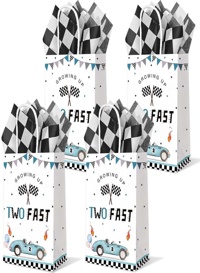 Bolsome 24PCS Two Fast Racing Car Birthday Gift Bags with Checkered Tissue Paper, Blue Race Car Checkered Favors Bag with Handles for 2nd Birthday Party Supplies - Image 1
